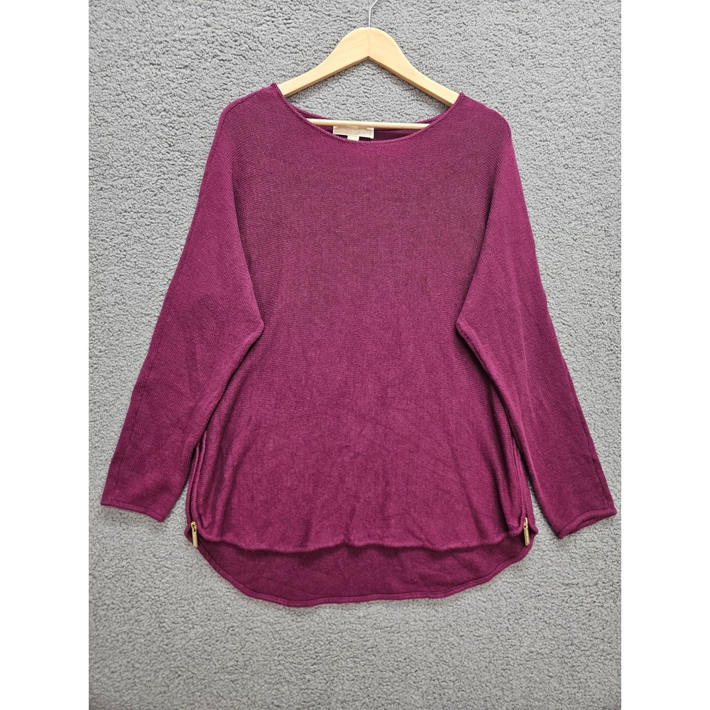 Michael Kors Sweater Large Plum Purple Side Zip Boat Neck Cotton Blend Pullover